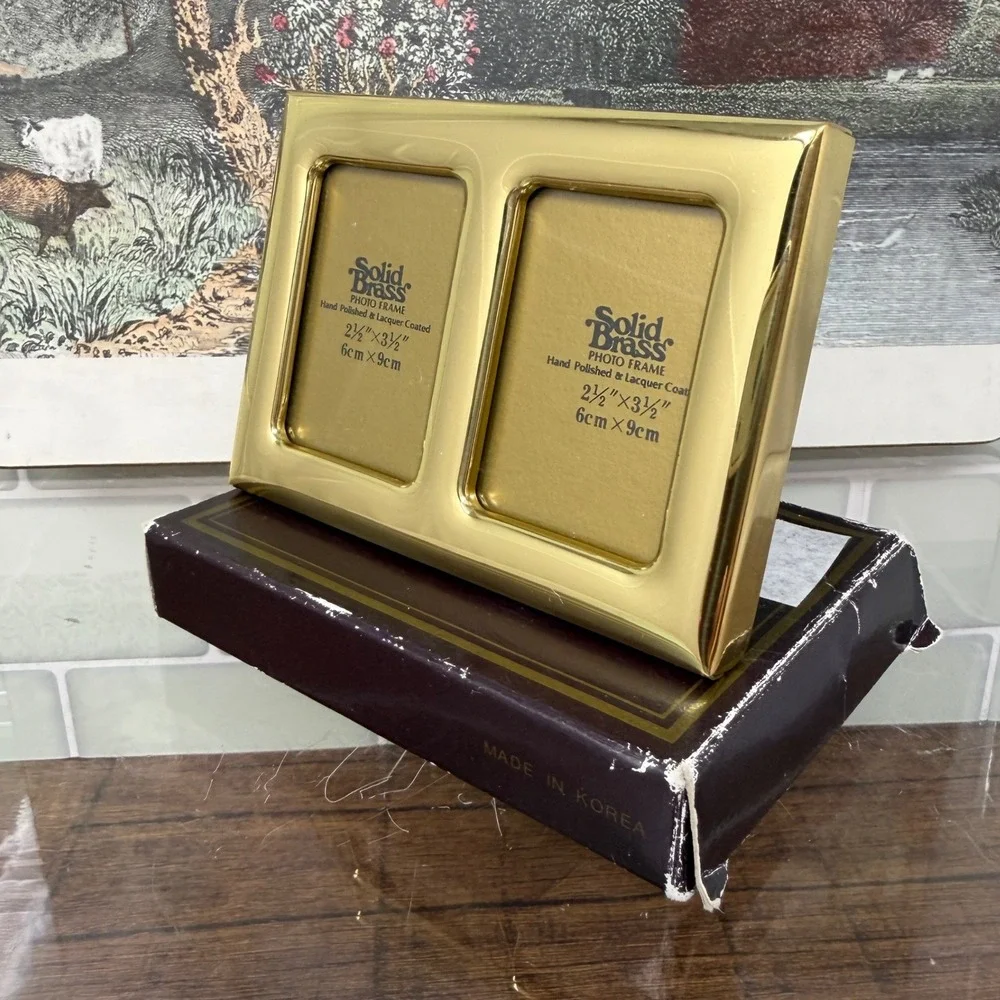 Vintage Solid Brass Mini Double Photo Frame 2.5 x 3.5 Tabletop Gold Accent Decor